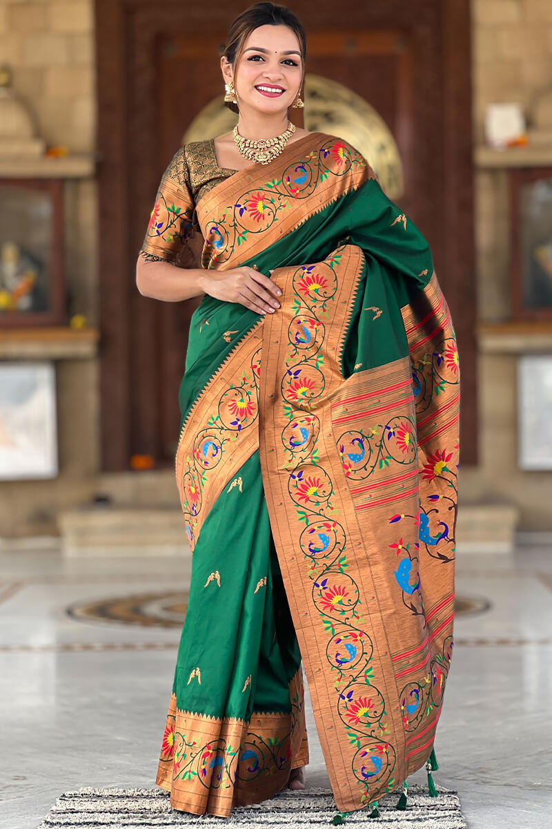 Exuberant Dark Green Paithani Silk Saree With Radiant Blouse Piece