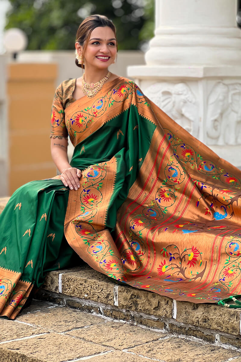 Exuberant Dark Green Paithani Silk Saree With Radiant Blouse Piece