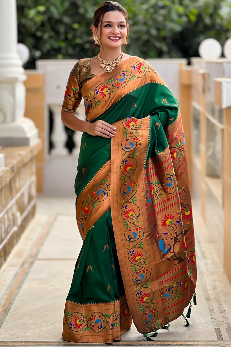 Exuberant Dark Green Paithani Silk Saree With Radiant Blouse Piece
