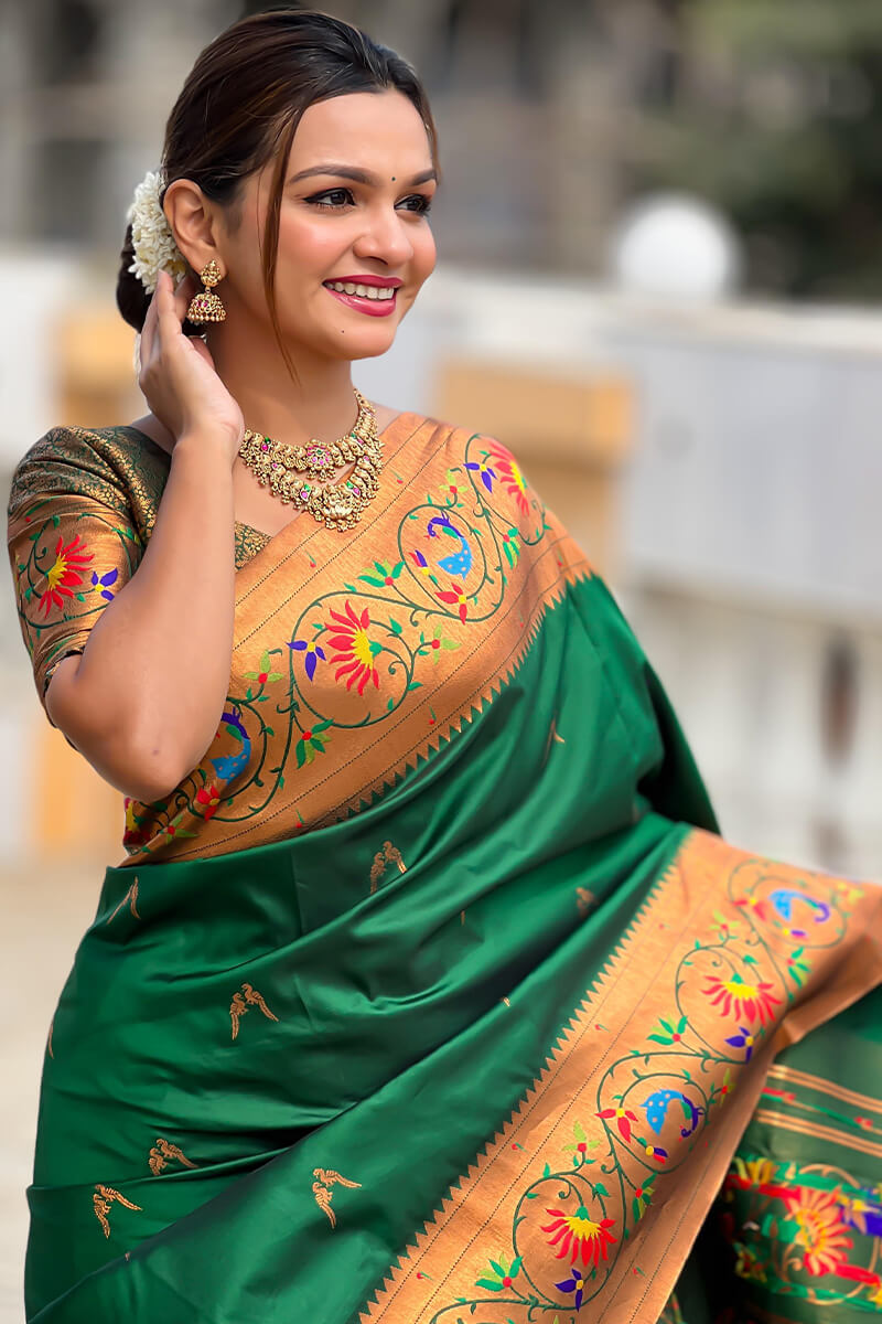 Exuberant Dark Green Paithani Silk Saree With Radiant Blouse Piece