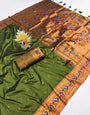 Smashing Mehndi Paithani Silk Saree With Glittering Blouse Piece