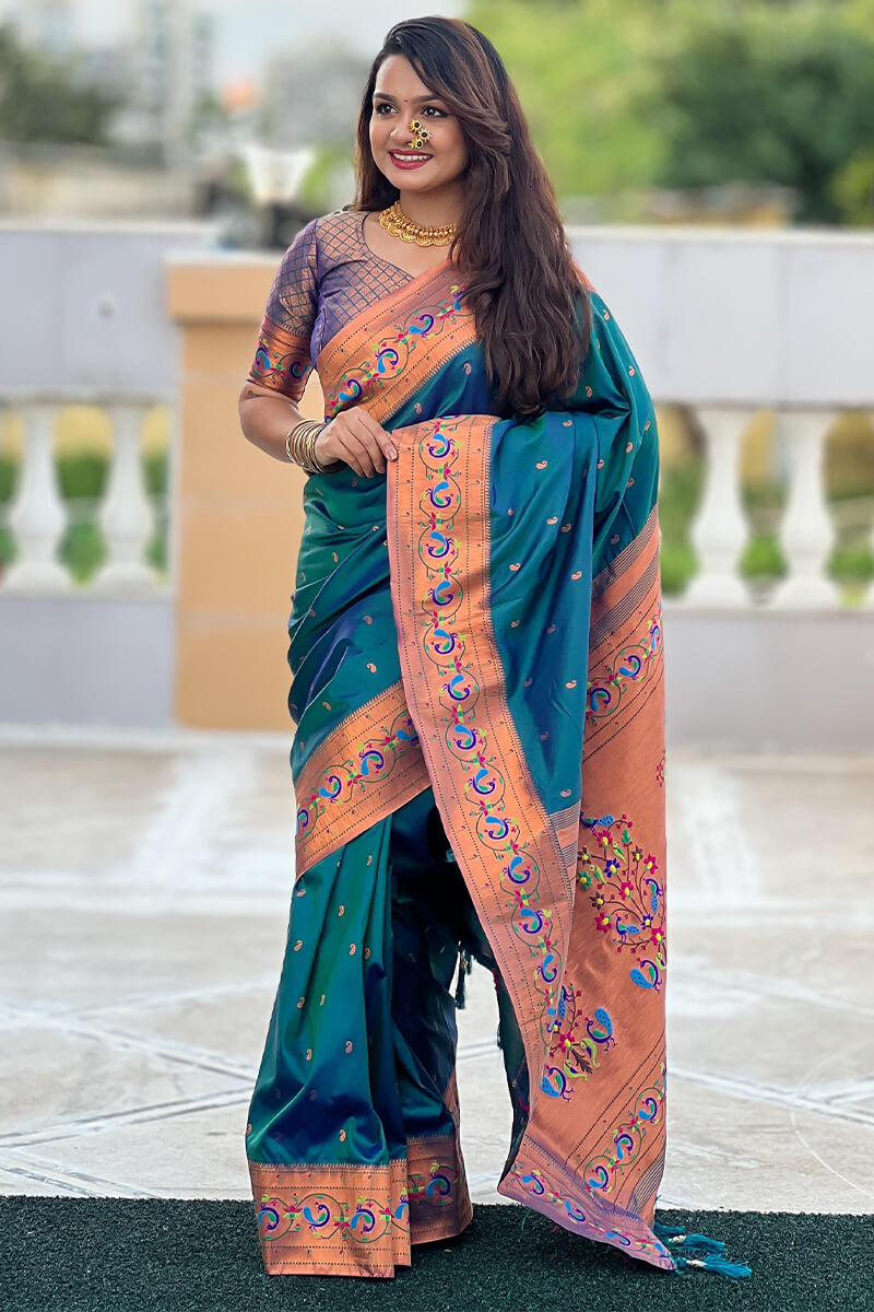 Epiphany Teal Blue Paithani Silk Saree With Ideal Blouse Piece