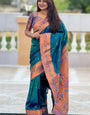 Epiphany Teal Blue Paithani Silk Saree With Ideal Blouse Piece