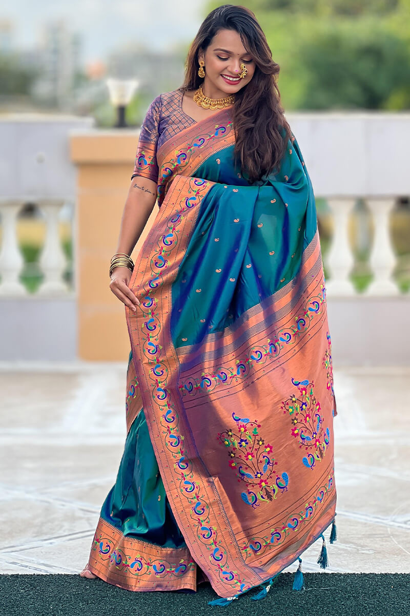 Epiphany Teal Blue Paithani Silk Saree With Ideal Blouse Piece