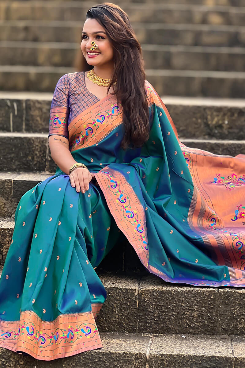 Epiphany Teal Blue Paithani Silk Saree With Ideal Blouse Piece