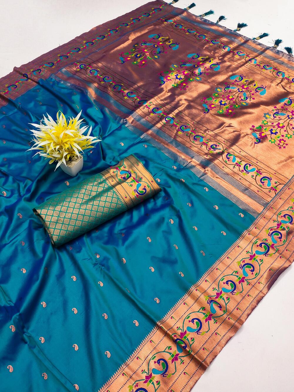 Epiphany Teal Blue Paithani Silk Saree With Ideal Blouse Piece