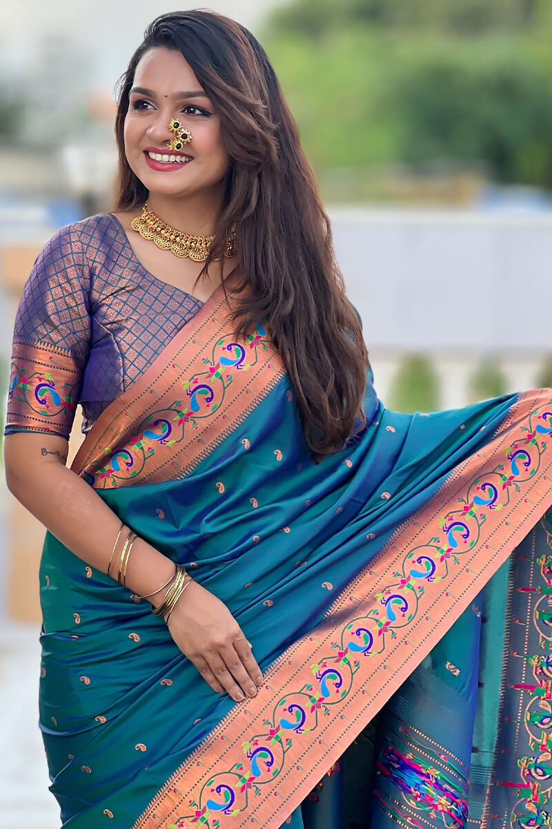 Epiphany Teal Blue Paithani Silk Saree With Ideal Blouse Piece