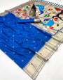 Elegant Royal Blue Paithani Silk Saree With Diaphanous Blouse Piece