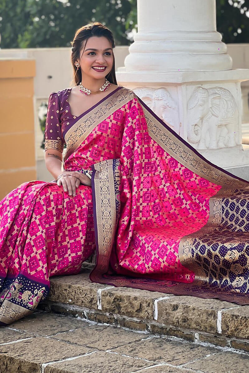 Intricate Dark Pink Patola Silk Saree with Unique Blouse Piece