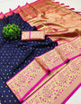 Exquisite Navy Blue Soft Banarasi Silk Saree With Divine Blouse Piece