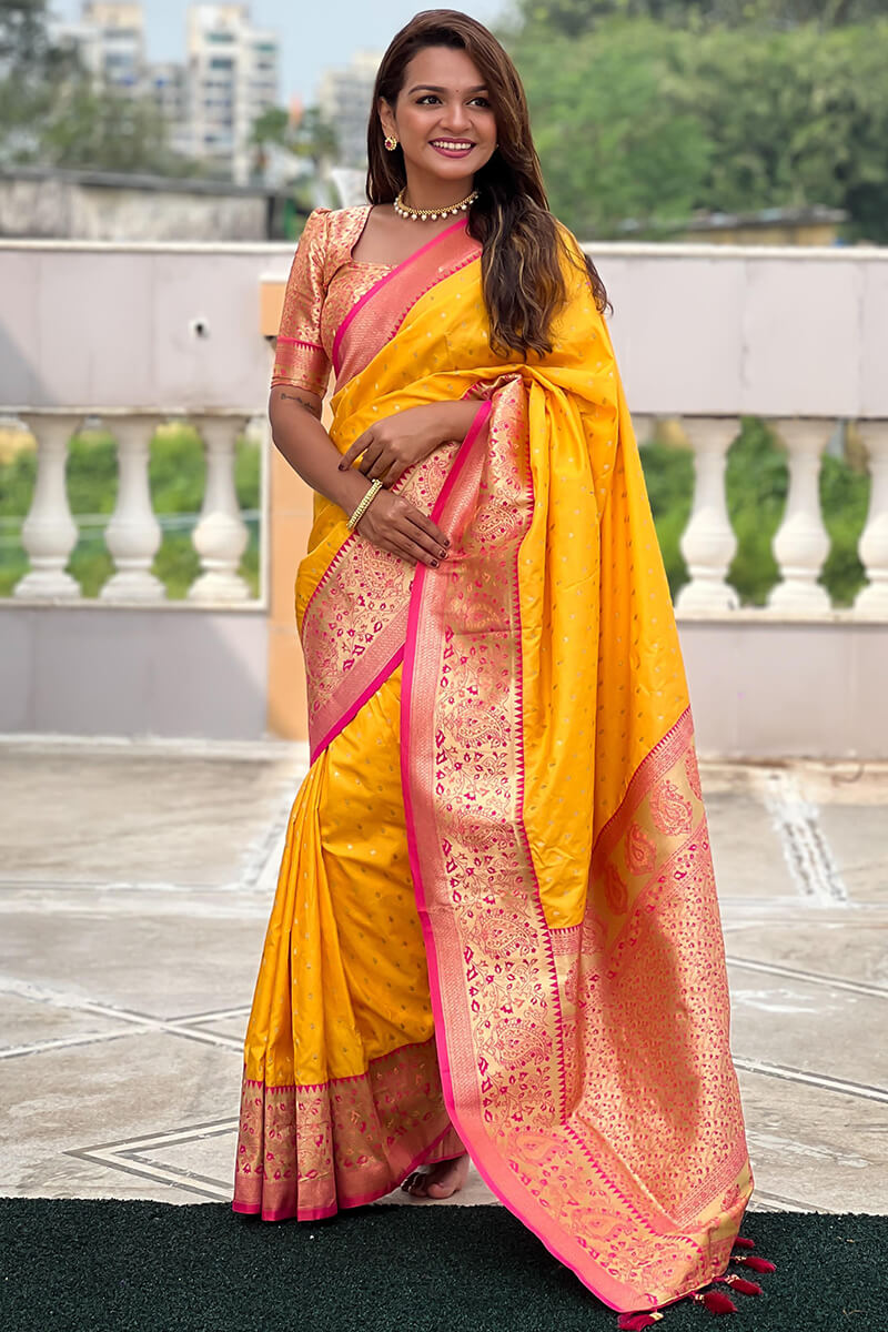 Snazzy Yellow Soft Banarasi Silk Saree With Seraglio Blouse Piece