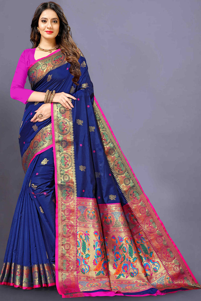 Enchanting Navy Blue Paithani Silk Saree With Scintilla Blouse Piece