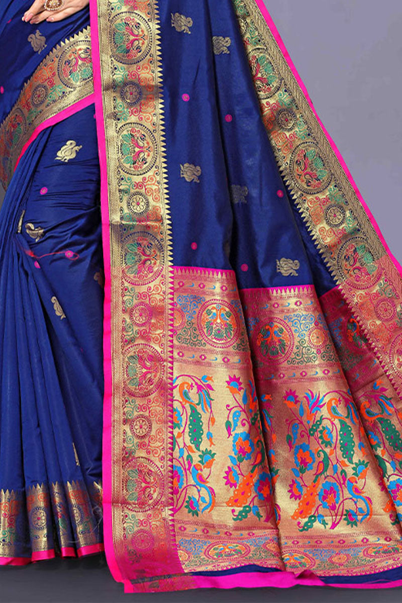 Enchanting Navy Blue Paithani Silk Saree With Scintilla Blouse Piece