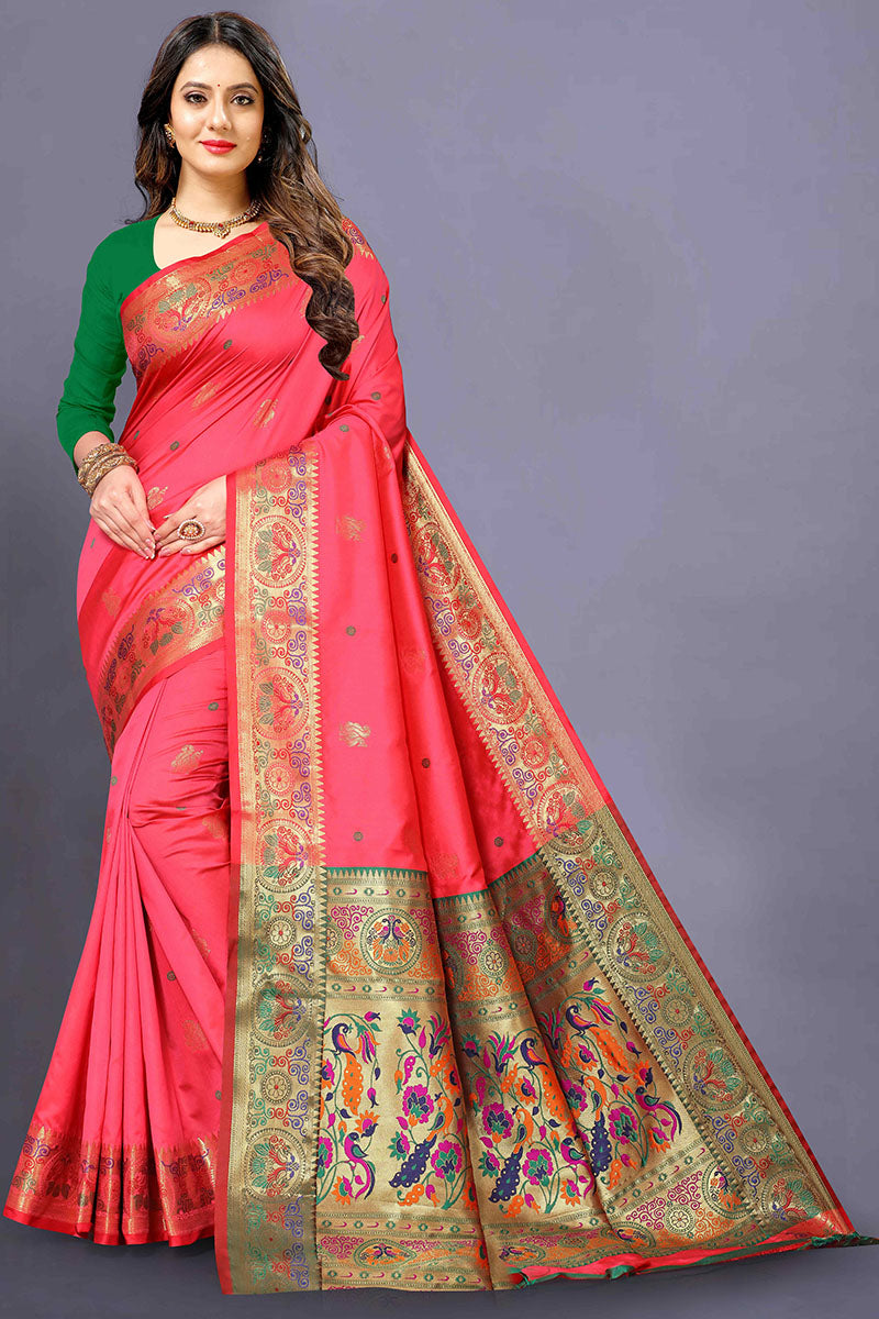 Enamoring Pink Paithani Silk Saree With Ailurophile Blouse Piece