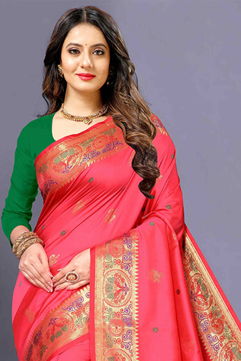 Enamoring Pink Paithani Silk Saree With Ailurophile Blouse Piece