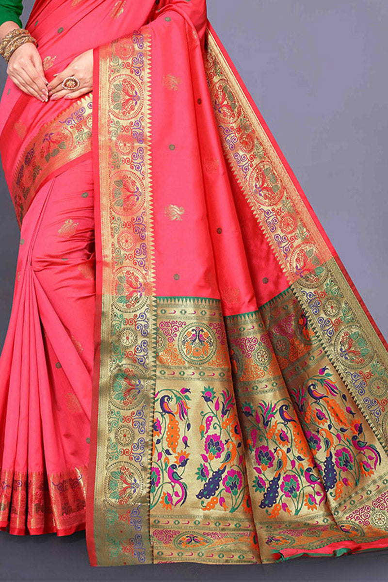 Enamoring Pink Paithani Silk Saree With Ailurophile Blouse Piece