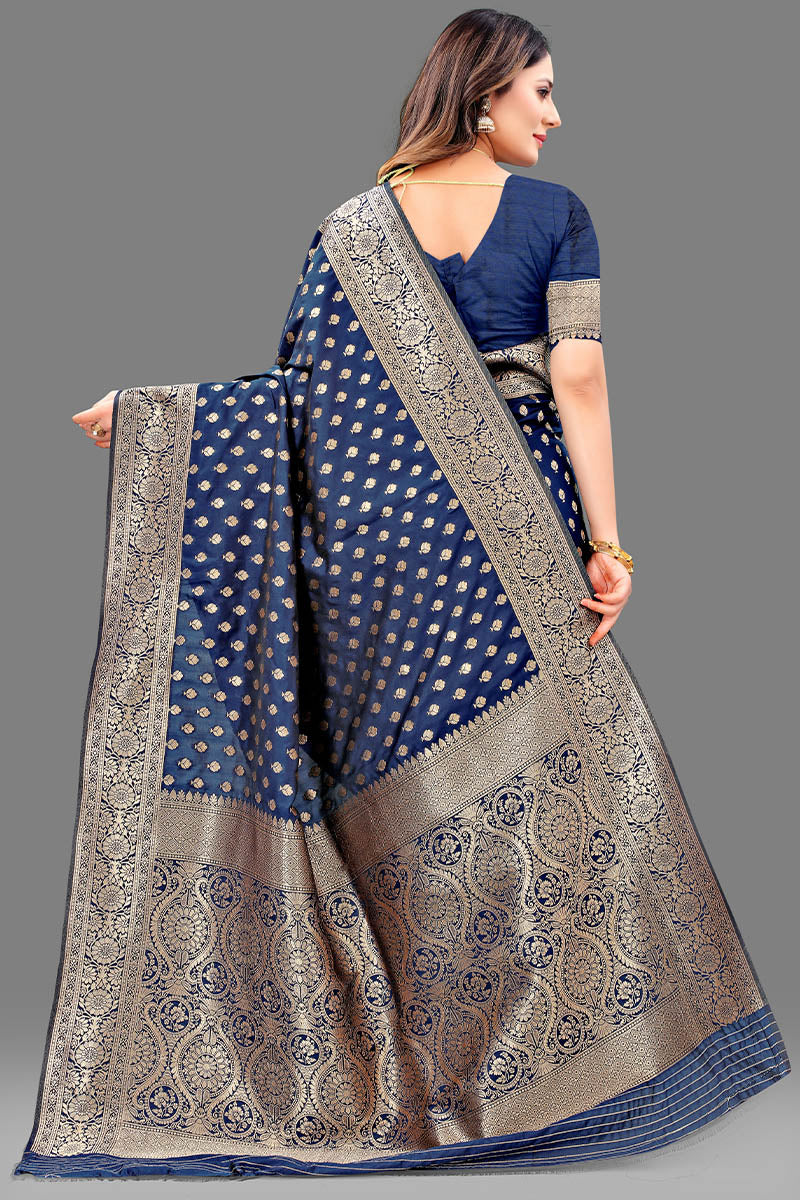 Snappy Navy Blue Soft Banarasi Silk Saree With Alluring Blouse Piece