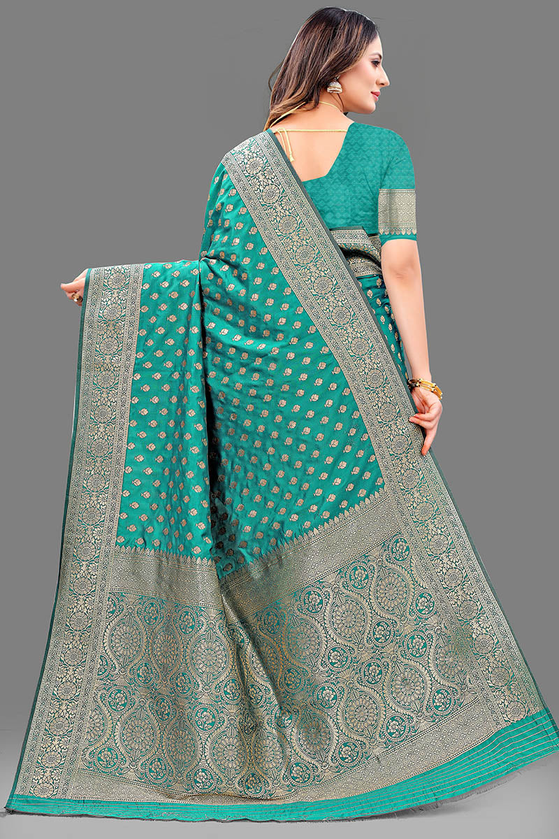 Smashing Sea Green Soft Banarasi Silk Saree With Vivacious Blouse Piece