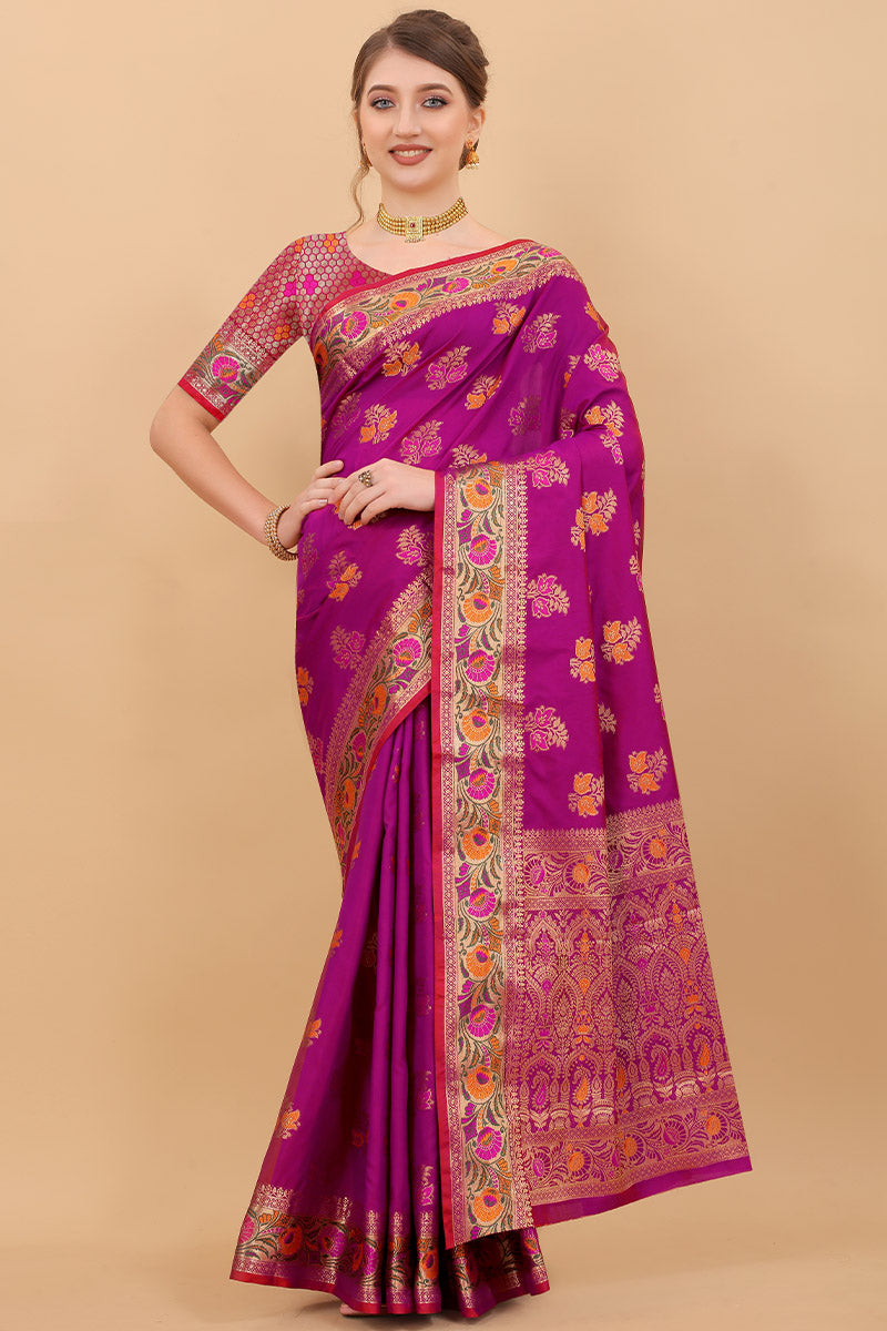 Imbrication Purple Soft Banarasi Silk Saree With Beauteous Blouse Piece