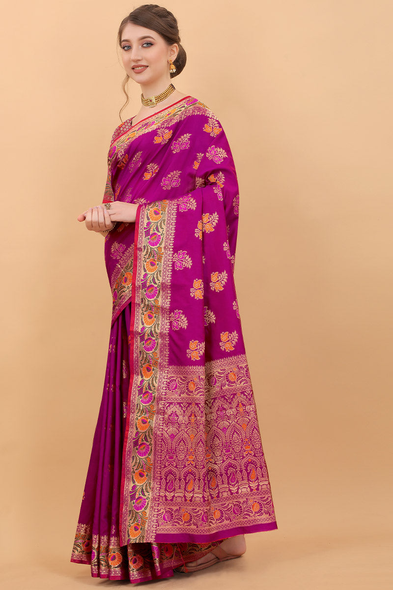 Imbrication Purple Soft Banarasi Silk Saree With Beauteous Blouse Piece