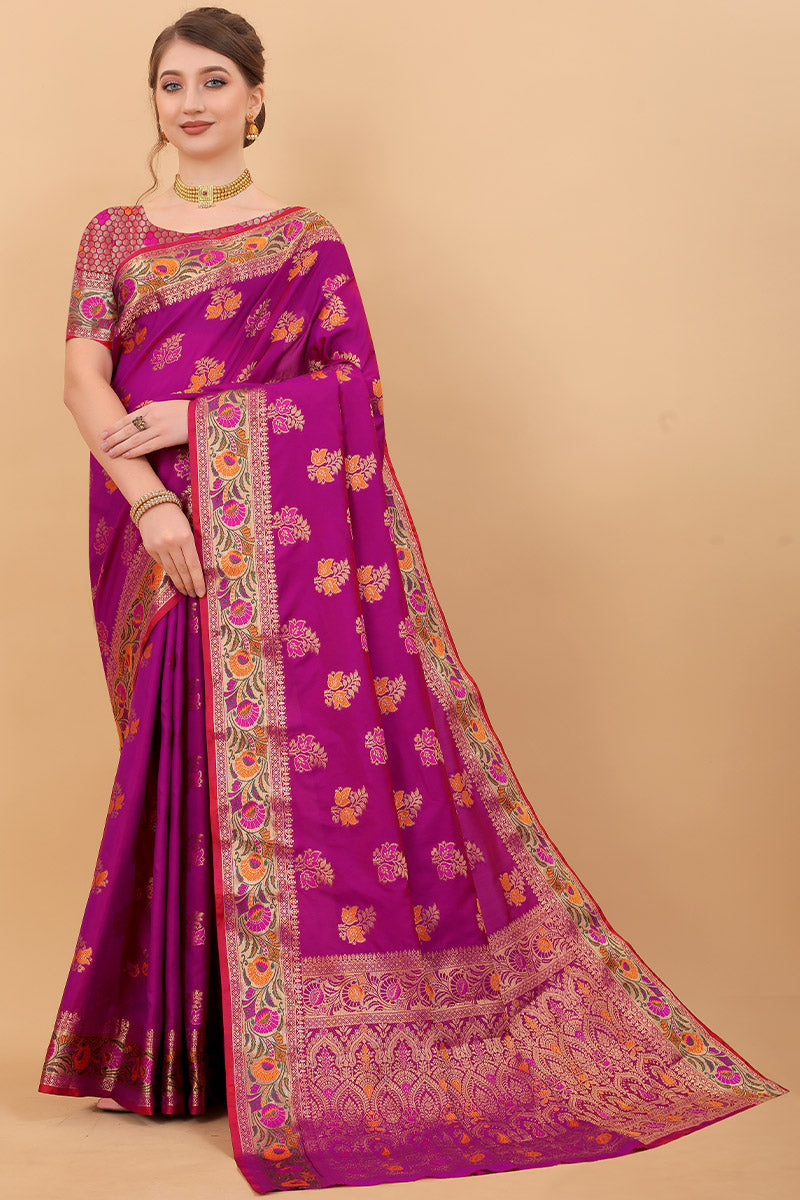 Imbrication Purple Soft Banarasi Silk Saree With Beauteous Blouse Piece