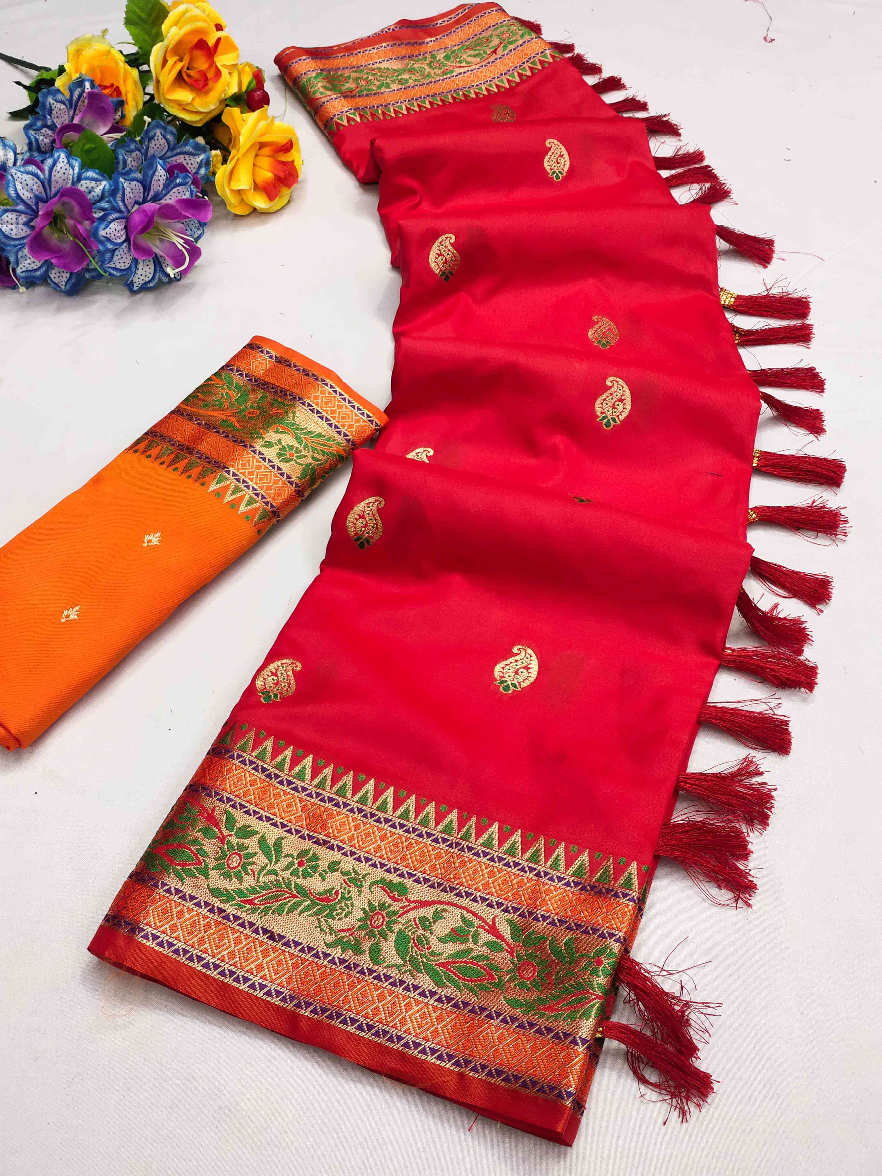 Fairytale Red Soft Banarasi Silk Saree With Lustrous Blouse Piece