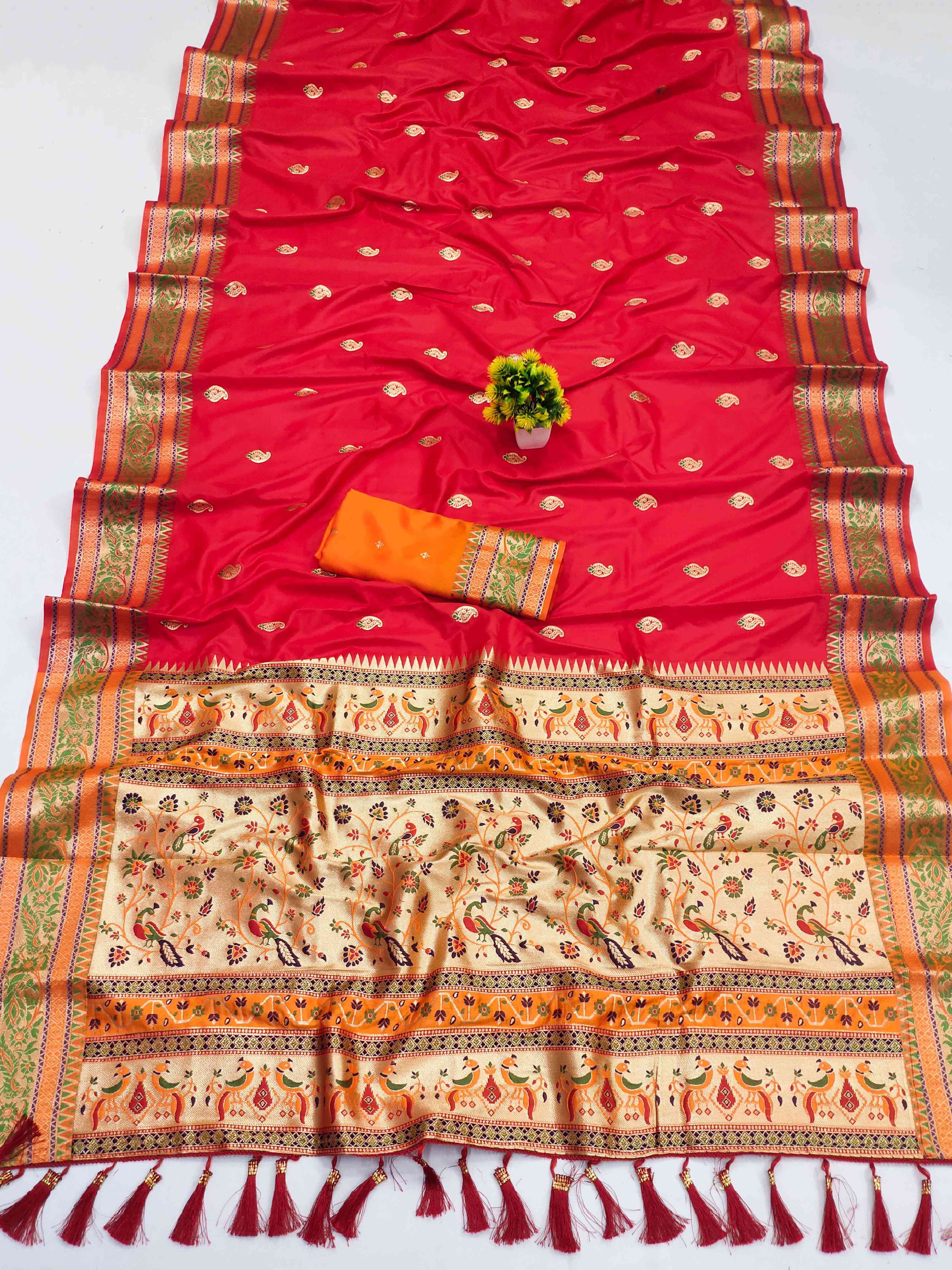 Fairytale Red Soft Banarasi Silk Saree With Lustrous Blouse Piece