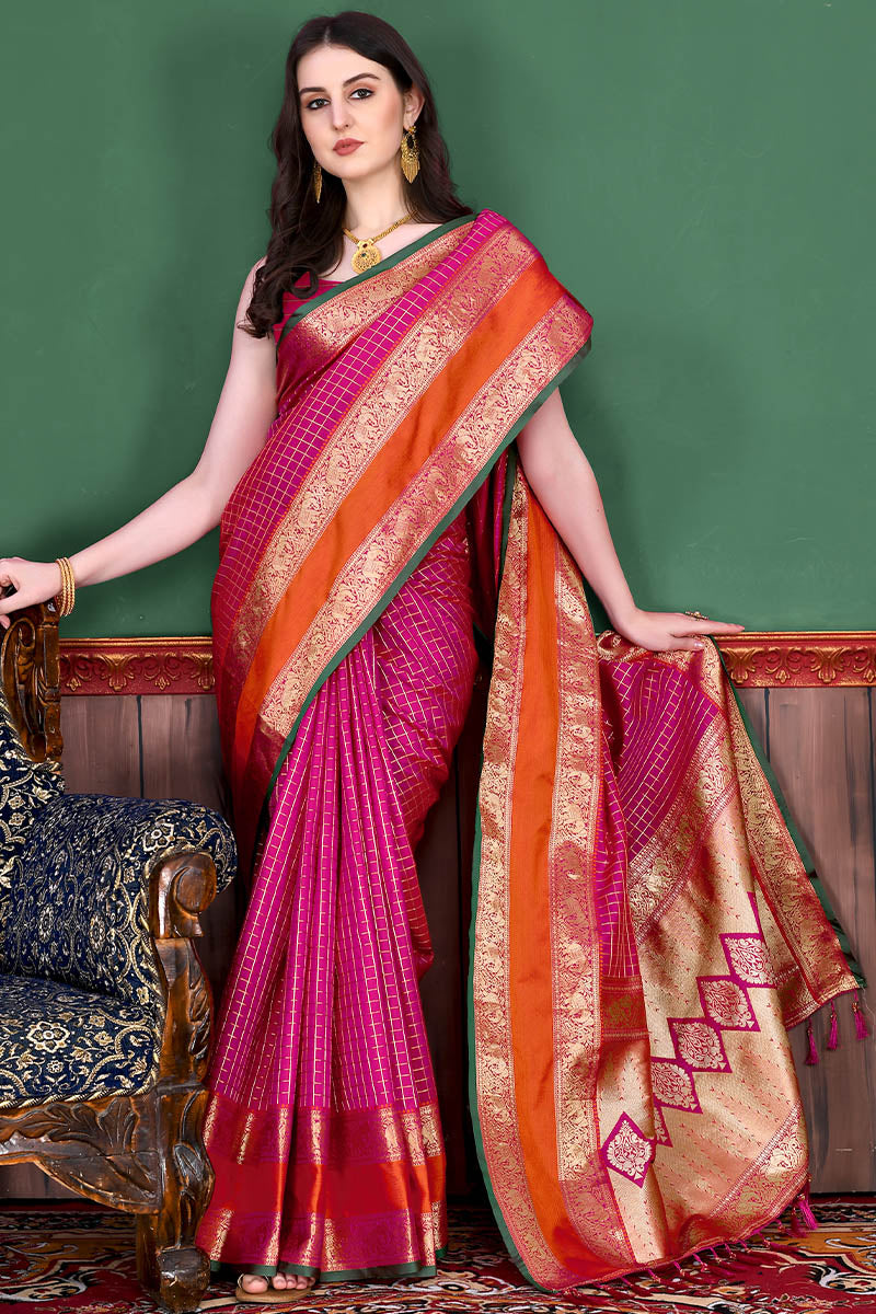 Eye-catching Dark Pink Soft Banarasi Silk Saree With Sensational Blouse Piece