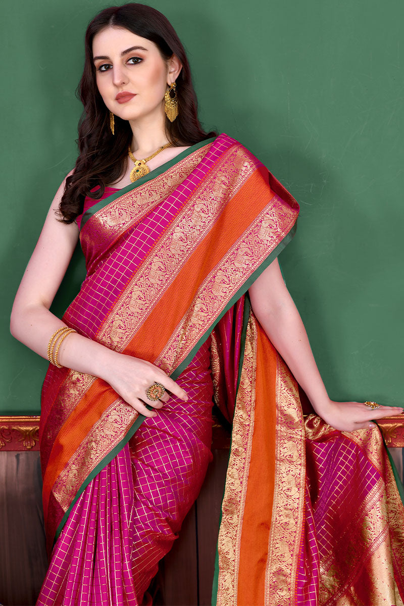 Eye-catching Dark Pink Soft Banarasi Silk Saree With Sensational Blouse Piece