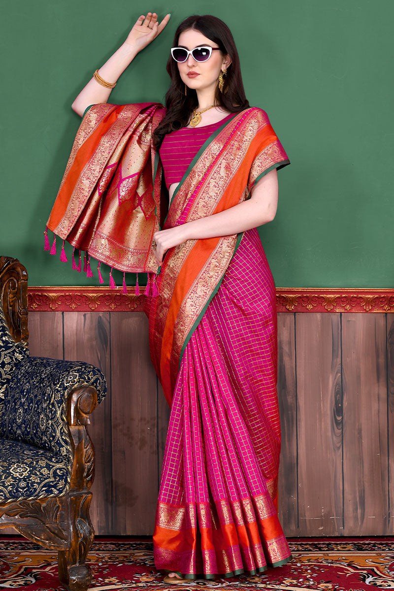 Eye-catching Dark Pink Soft Banarasi Silk Saree With Sensational Blouse Piece