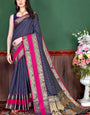 Blissful Navy Blue Soft Banarasi Silk Saree With Chatoyant Blouse Piece