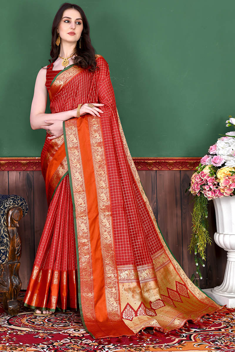 Tempting Red Soft Banarasi Silk Saree With Majestic Blouse Piece