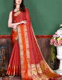 Tempting Red Soft Banarasi Silk Saree With Majestic Blouse Piece