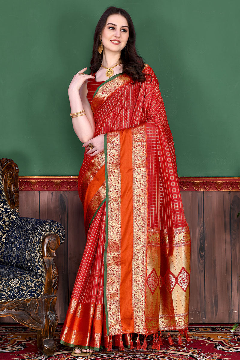 Tempting Red Soft Banarasi Silk Saree With Majestic Blouse Piece
