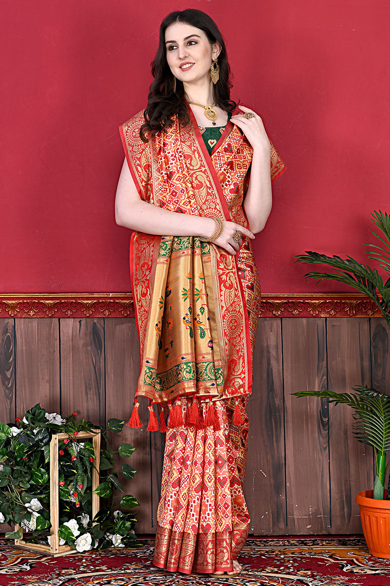 Glowing Red Patola Silk Saree with Energetic Blouse Piece