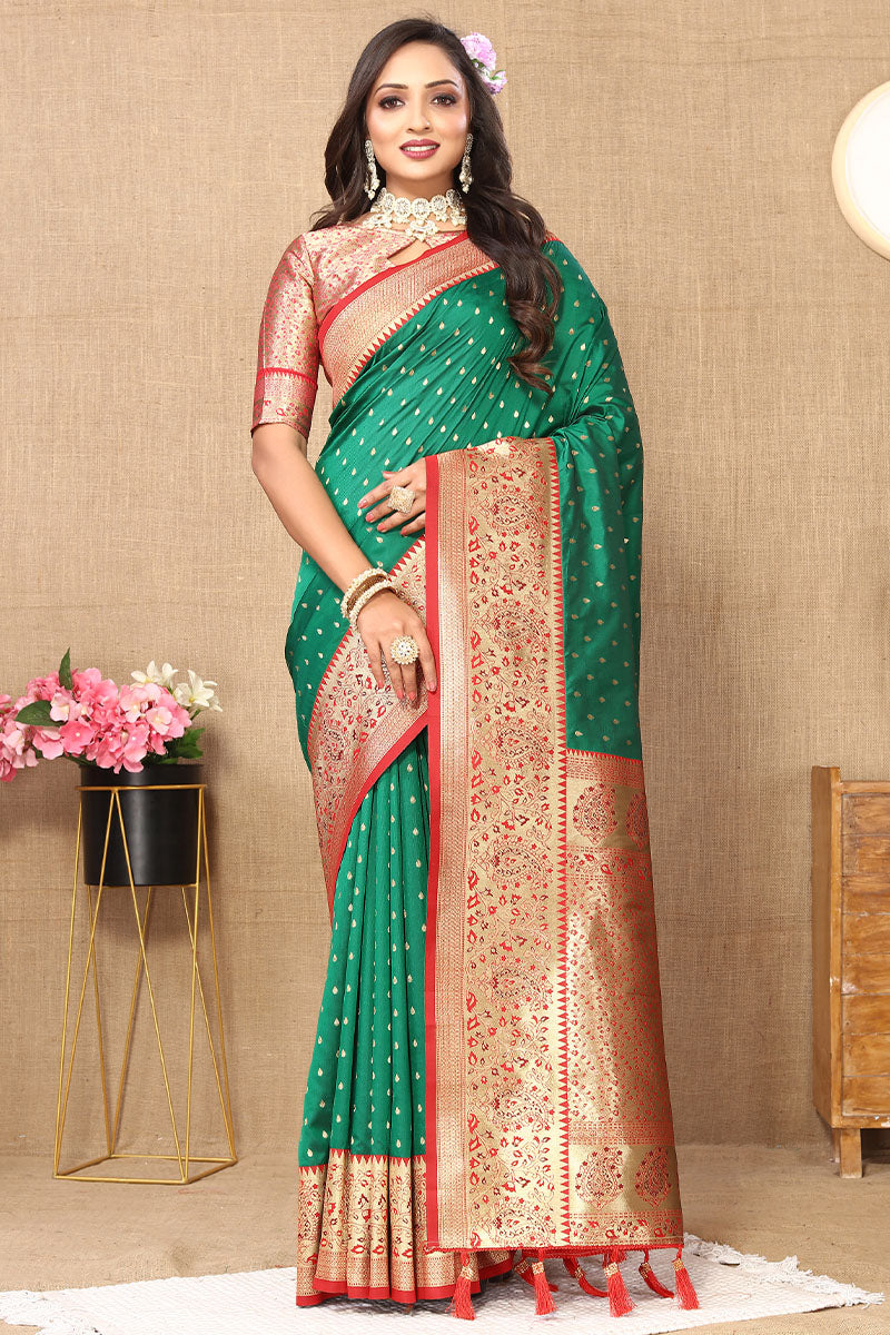 Enchanting Green Soft Banarasi Silk Saree With Panoply Blouse Piece