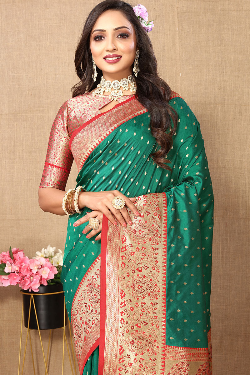 Enchanting Green Soft Banarasi Silk Saree With Panoply Blouse Piece
