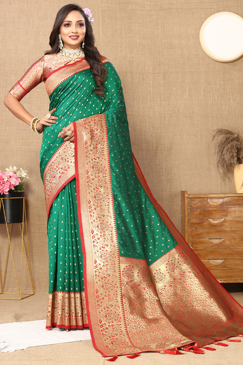 Enchanting Green Soft Banarasi Silk Saree With Panoply Blouse Piece