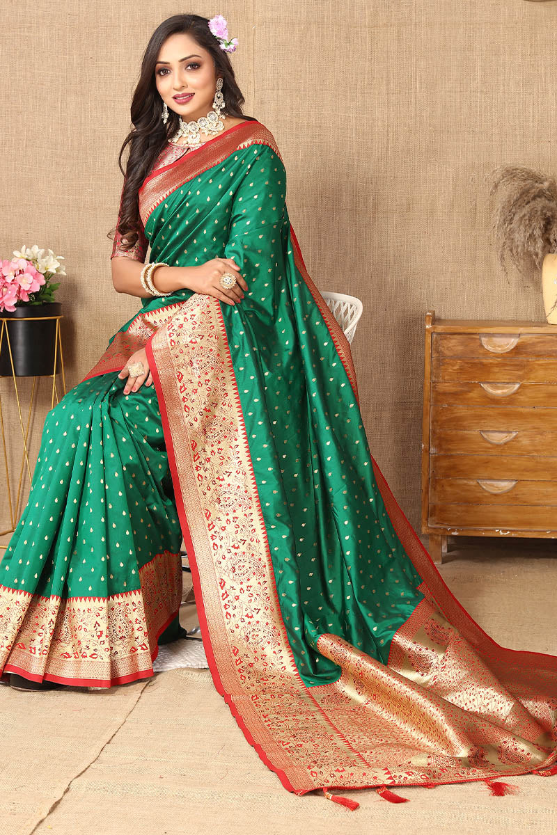 Enchanting Green Soft Banarasi Silk Saree With Panoply Blouse Piece