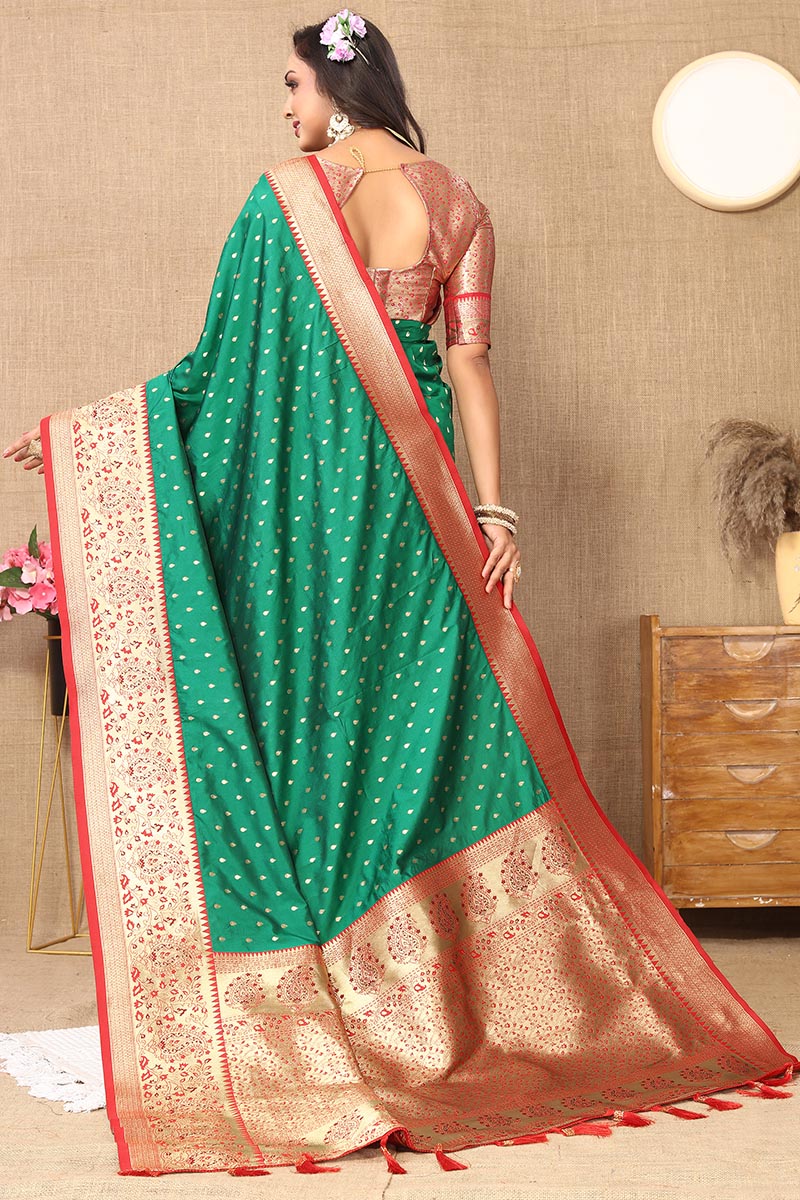 Enchanting Green Soft Banarasi Silk Saree With Panoply Blouse Piece
