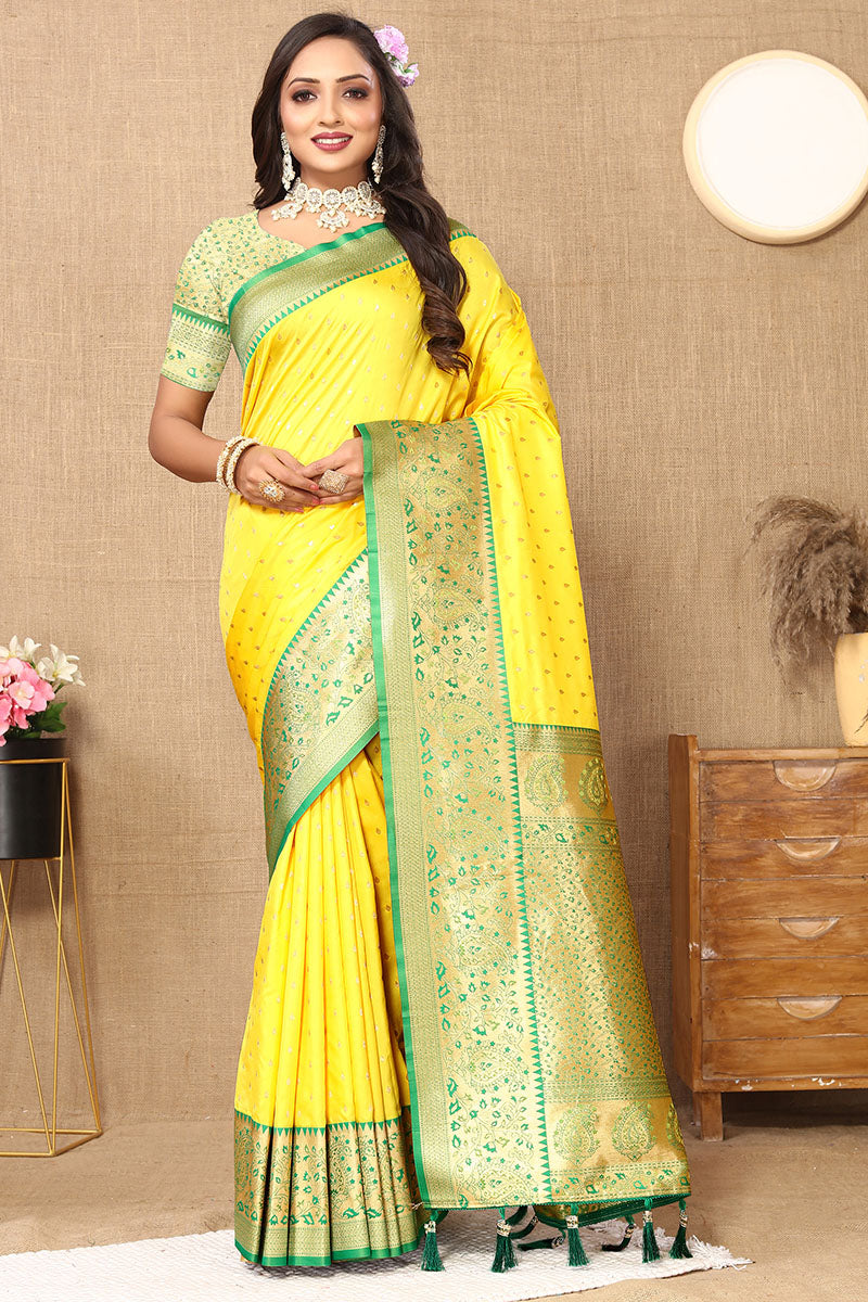 Epiphany Lemon Soft Banarasi Silk Saree With Conflate Blouse Piece