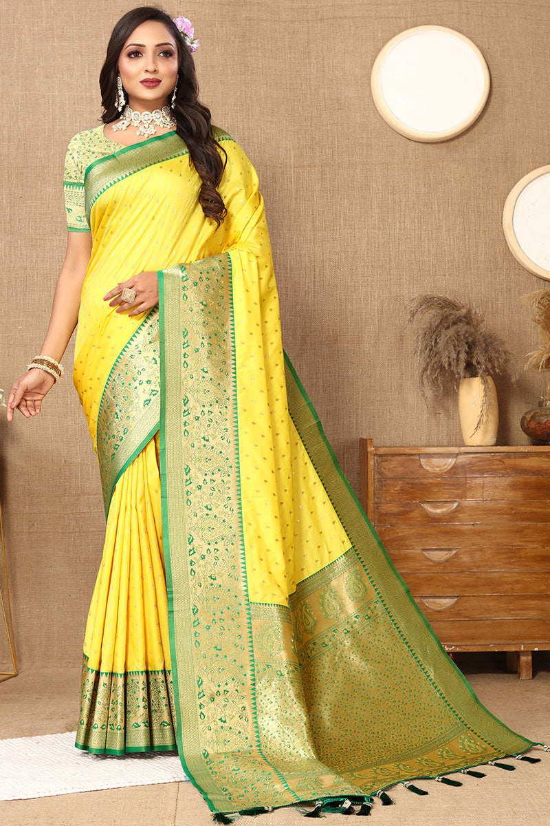 Epiphany Lemon Soft Banarasi Silk Saree With Conflate Blouse Piece