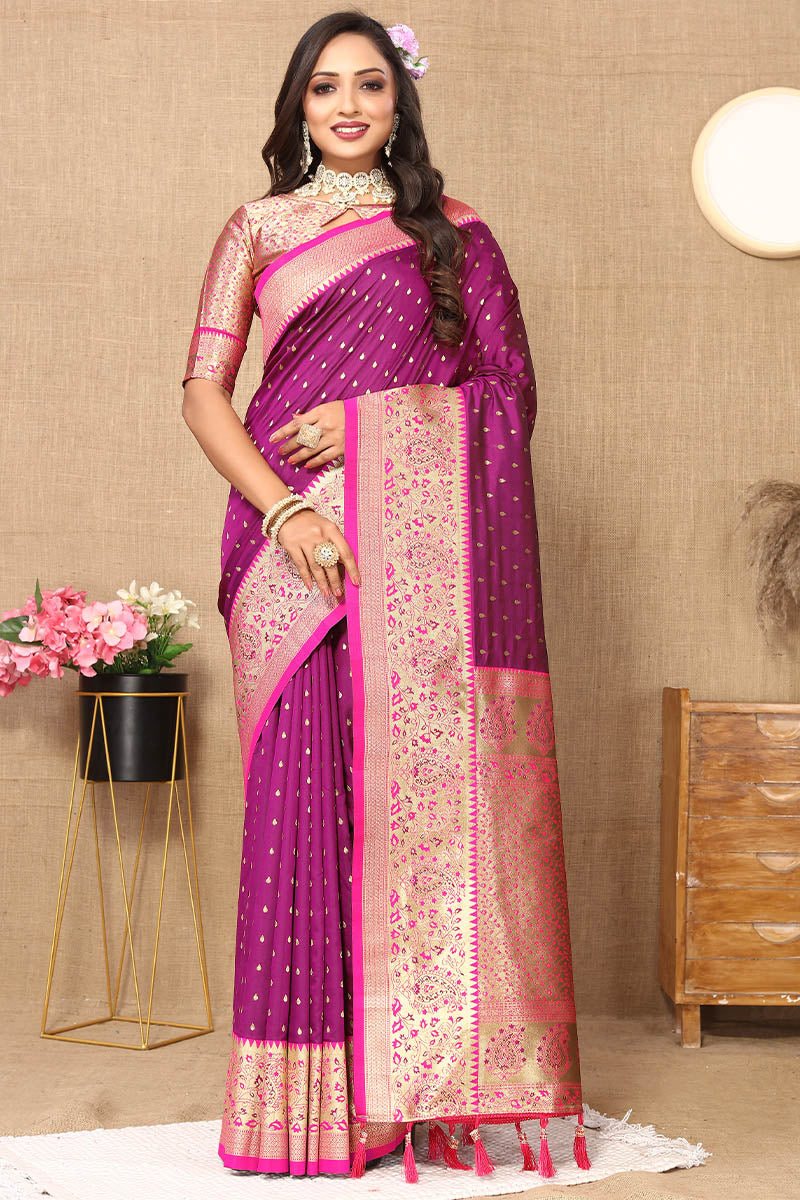 Capricious Purple Soft Banarasi Silk Saree With Elegant Blouse Piece