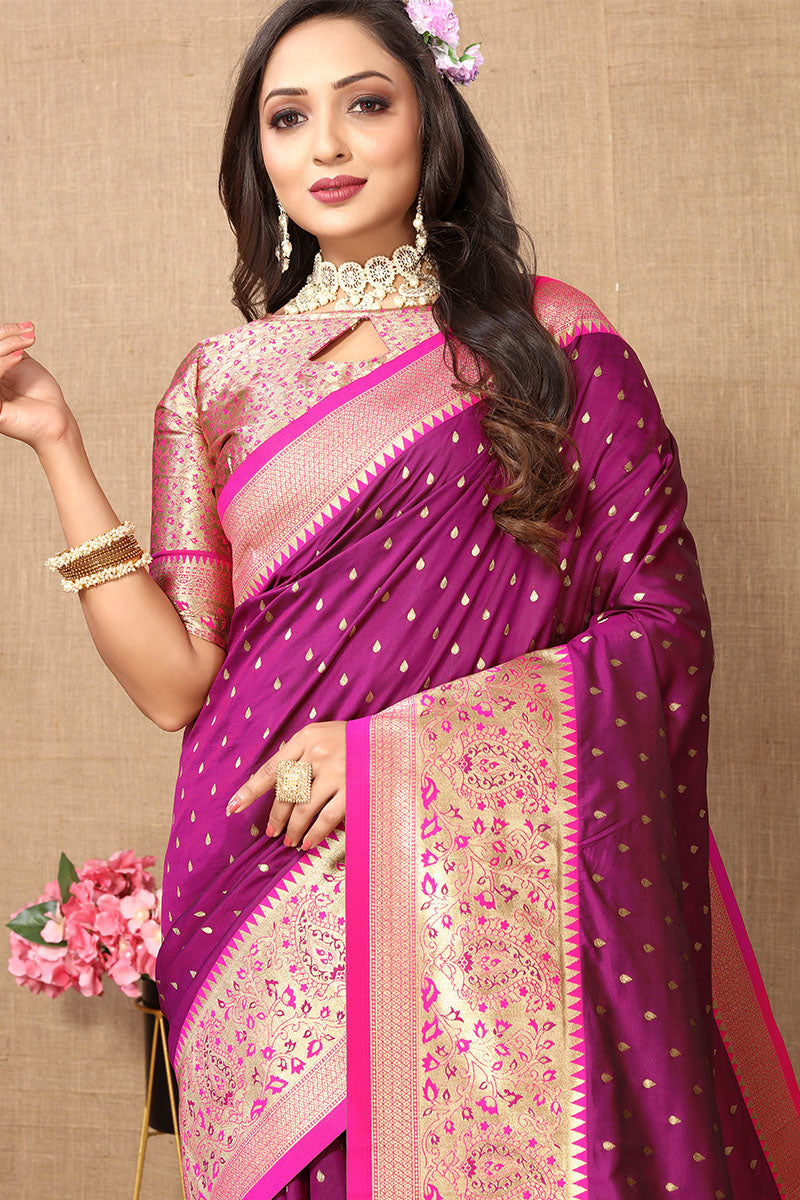 Capricious Purple Soft Banarasi Silk Saree With Elegant Blouse Piece
