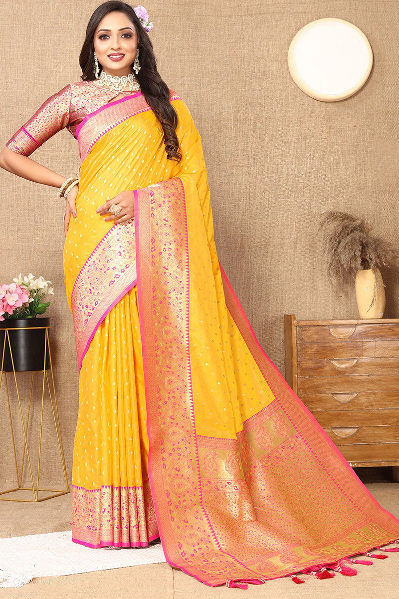 Susurrous Yellow Soft Banarasi Silk Saree With Incomparable Blouse Piece