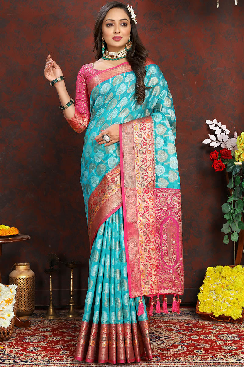 Majestic Firozi Soft Banarasi Silk Saree With Felicitous Blouse Piece