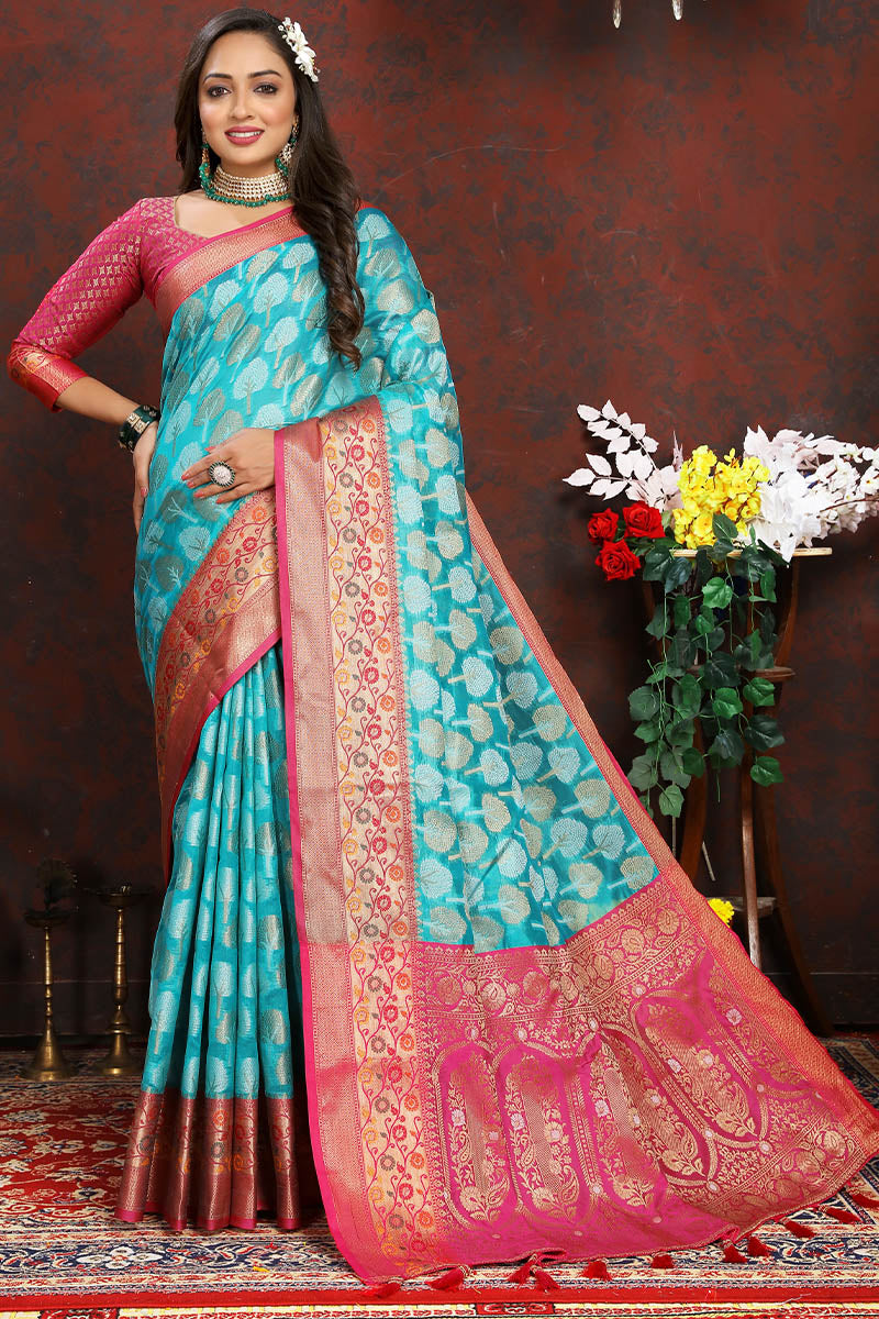 Majestic Firozi Soft Banarasi Silk Saree With Felicitous Blouse Piece