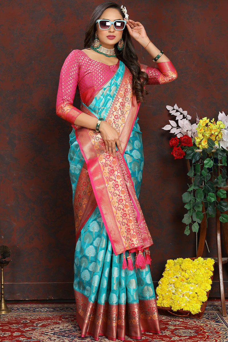 Majestic Firozi Soft Banarasi Silk Saree With Felicitous Blouse Piece