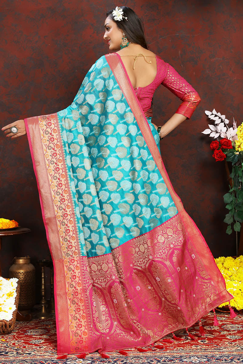 Majestic Firozi Soft Banarasi Silk Saree With Felicitous Blouse Piece