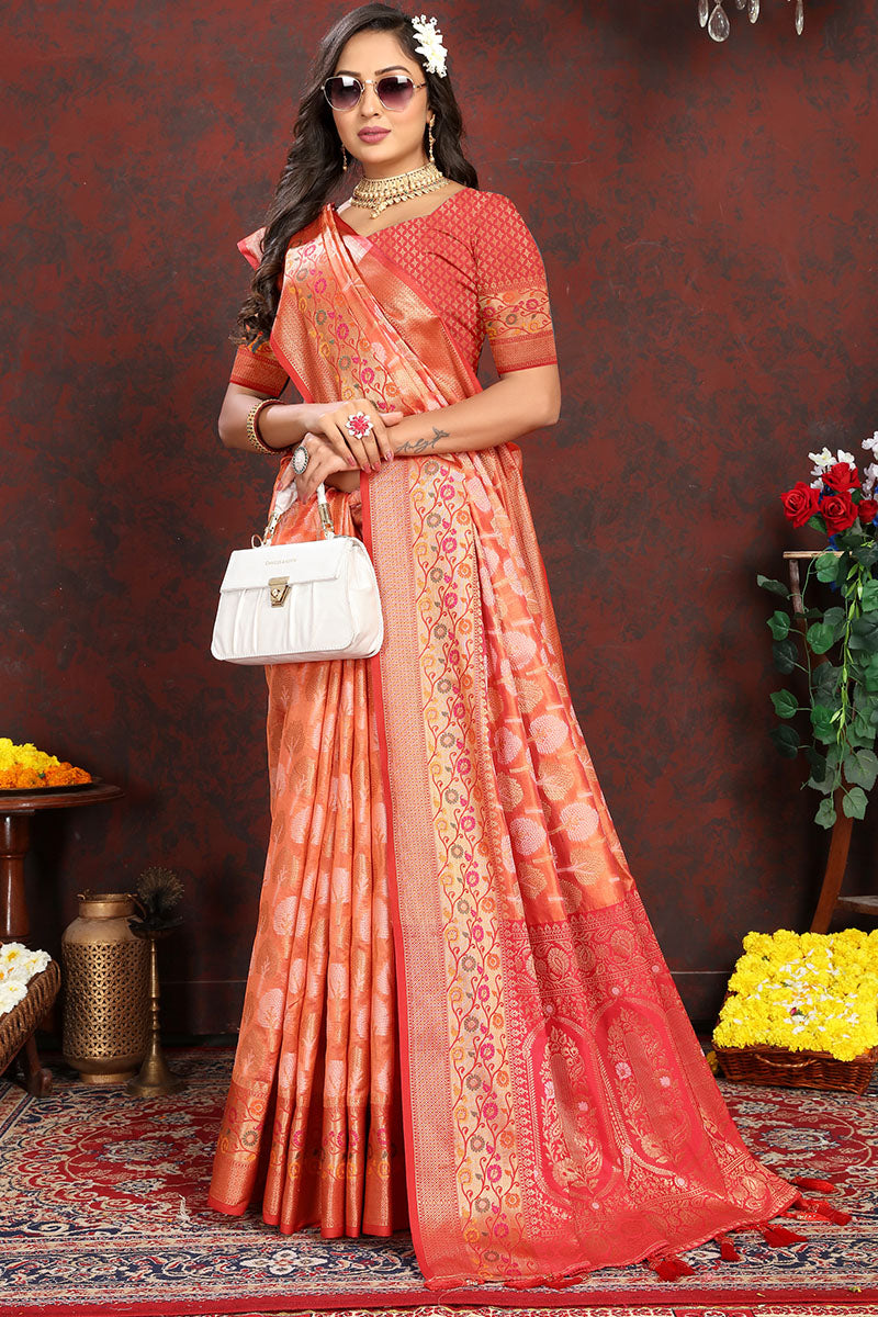 Opulent Orange Soft Banarasi Silk Saree With Cynosure Blouse Piece